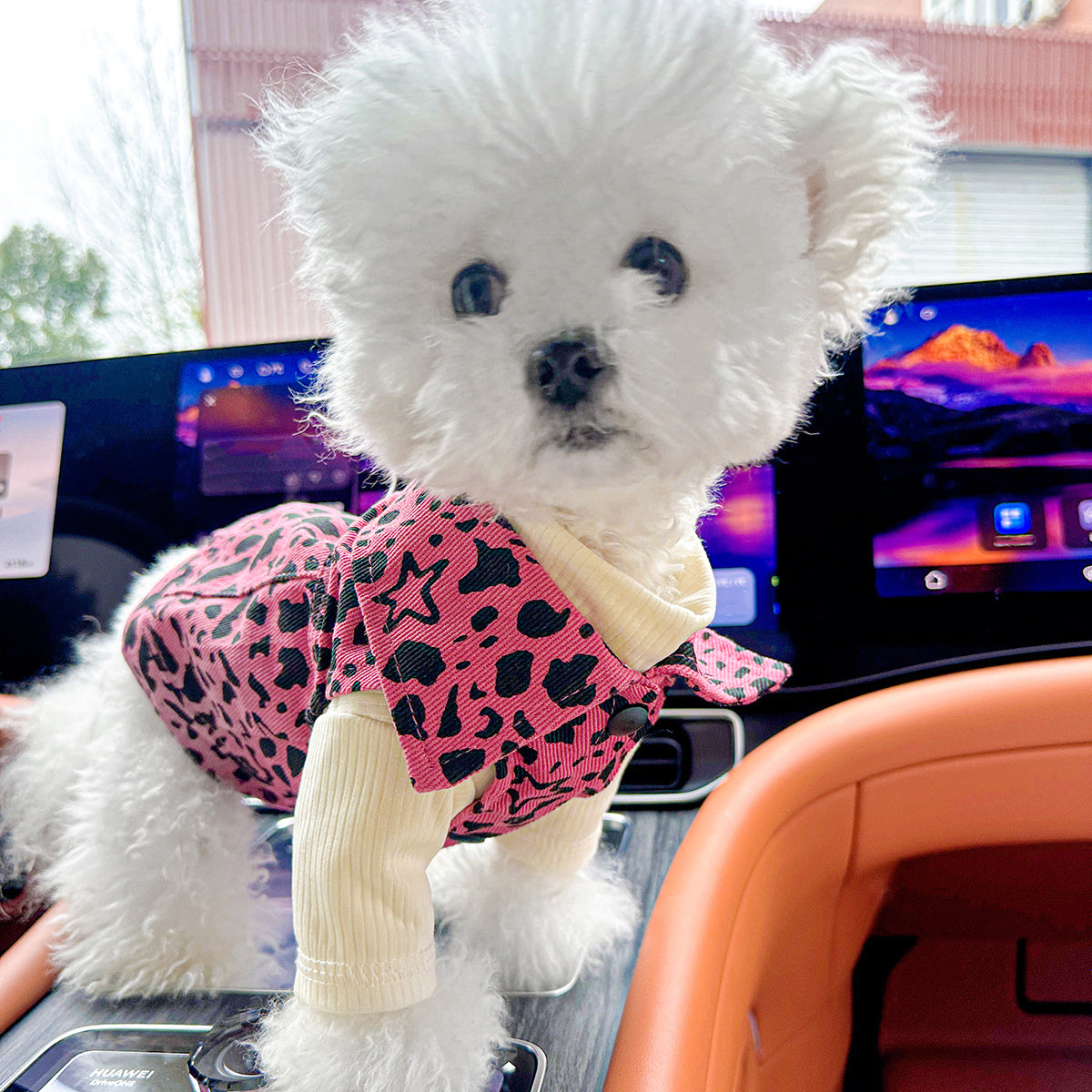 Small Breed Dog & Cat Fashionable Pink Leopard Print Denim Jacket, Comfortable Knit Fabric, Polyester, with Snap Button Closure for Pet Apparel