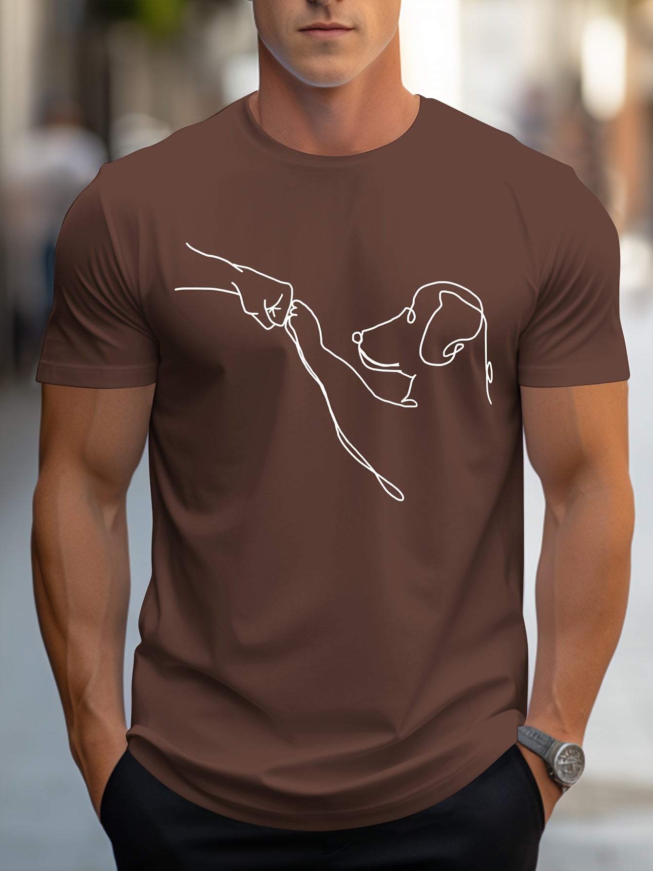 Men's Line Art Dog Print T-Shirt: Poop Scooper Exclusive! Super Cute Hand-Drawn Puppy Sketch, Minimalist Pet Interaction Design – Adorable Paw Print & Leash Graphic Tee