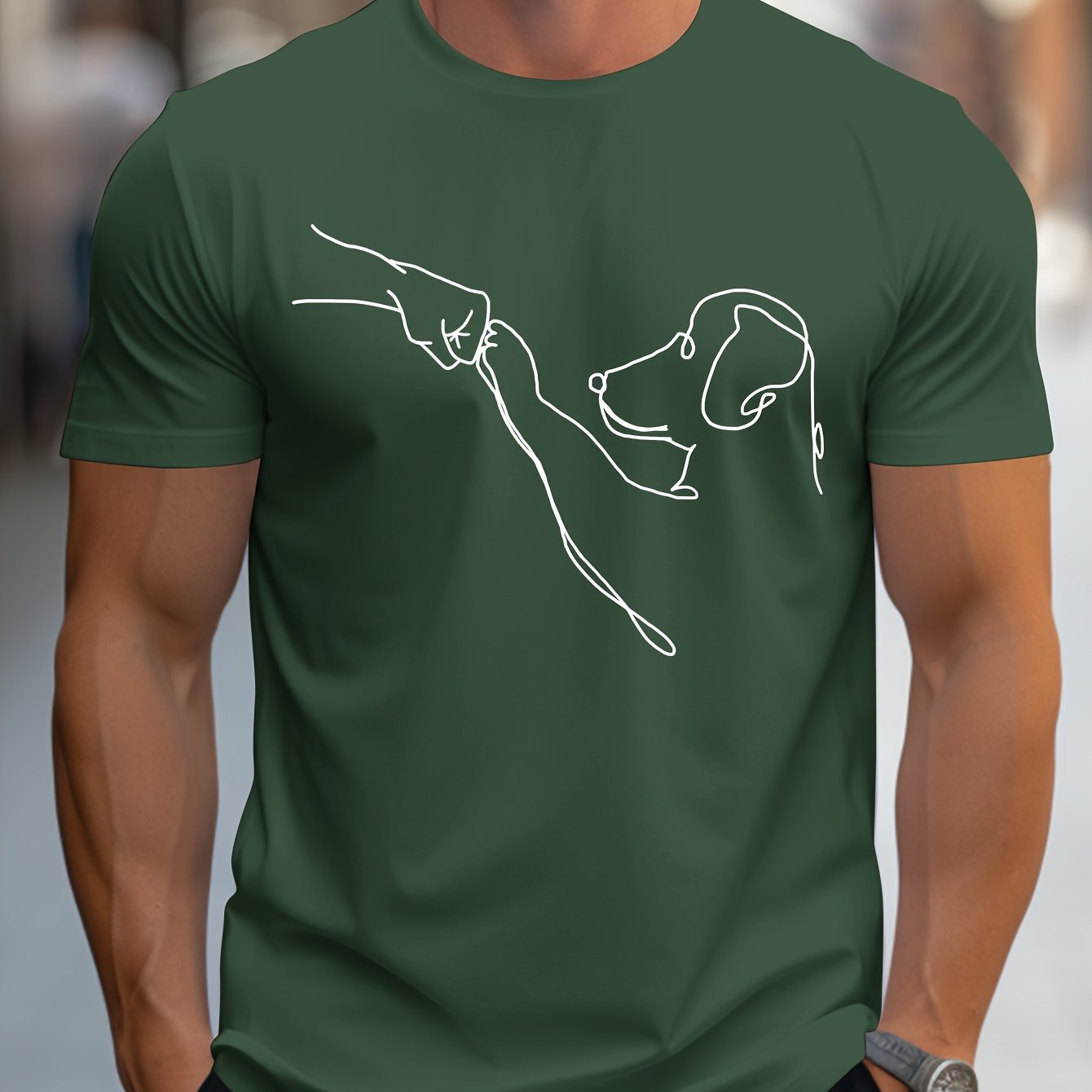 Men's Line Art Dog Print T-Shirt: Poop Scooper Exclusive! Super Cute Hand-Drawn Puppy Sketch, Minimalist Pet Interaction Design – Adorable Paw Print & Leash Graphic Tee