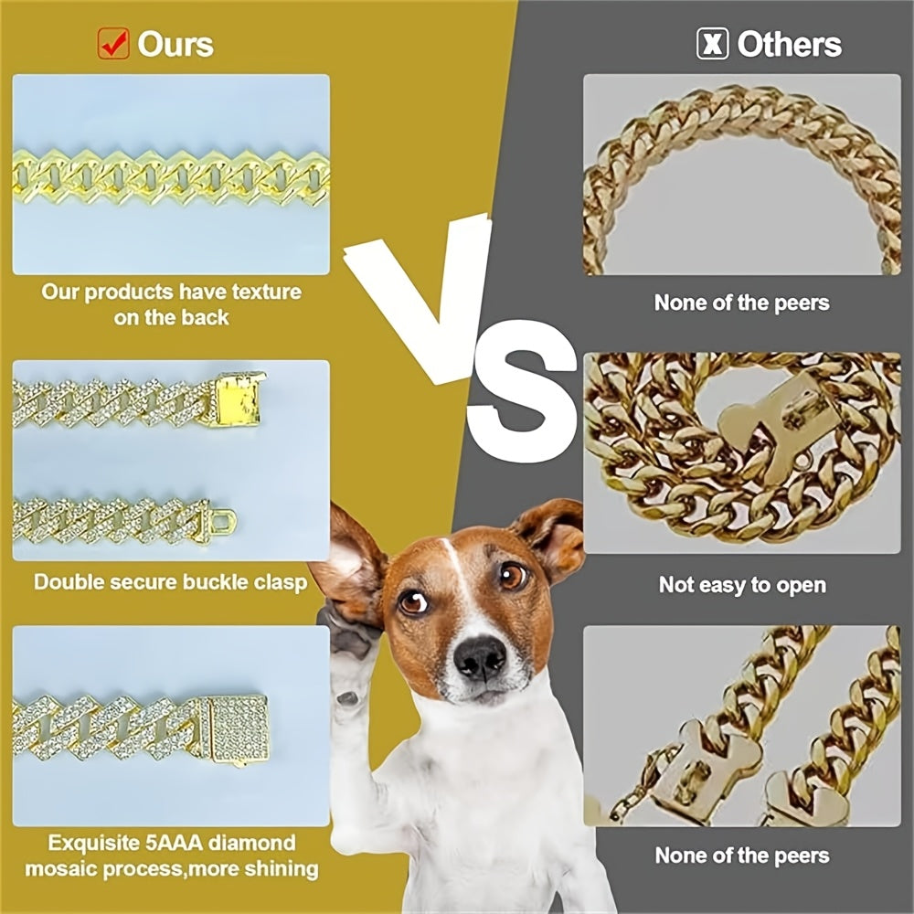 15mm Wide Golden Diamond-studded Cuban Link Pet Collar - Stylish Flip Cover for Dogs and Cats