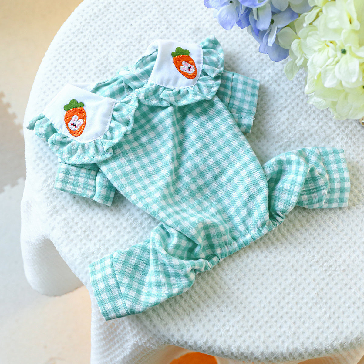 Cute Comfort, Adorable Carrot Rabbit Couple-Themed Green Plaid Jumpsuit for Small Dogs - Cozy Knit Pet Apparel for Spring & Autumn