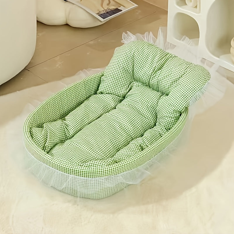 All-Season Pet Bed for Dogs & Cats - Checkered Small Bed with Soft Plush Fabric, Washable & Detachable Pet Mat, Non-Sticky to Fur, Easy to Clean, Ruffle Details - Cozy Sleeping for Indoor Cats & Small Dogs, Cat Bed, Playful D