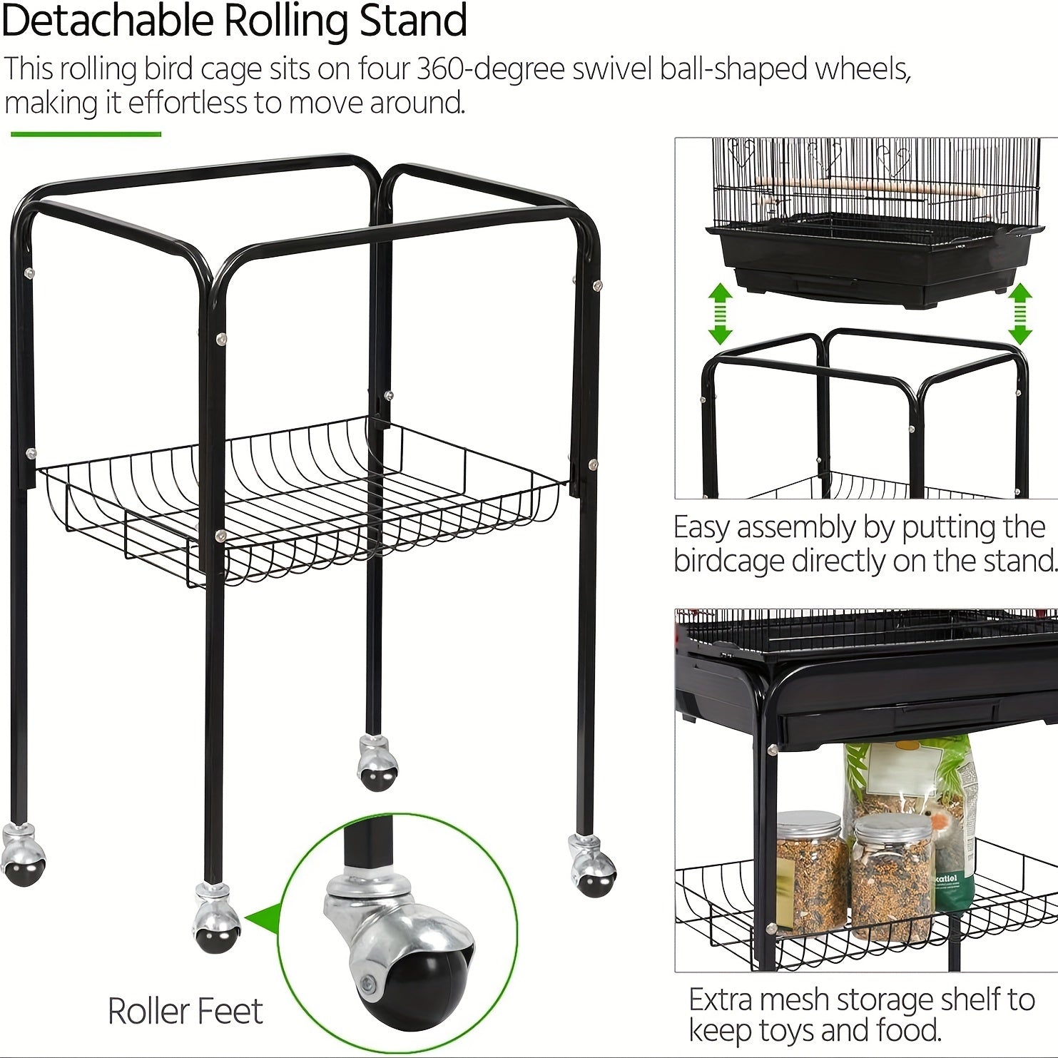 1pc 65-inch Extra-Large Open-Style Bird Cage with Detachable Rolling Stand, Durable Metal Construction, and Spacious Interior for Comfortable Living of Parrots, Lovebirds, Sparrows, Canaries, Long-tailed Small Parrots, Black