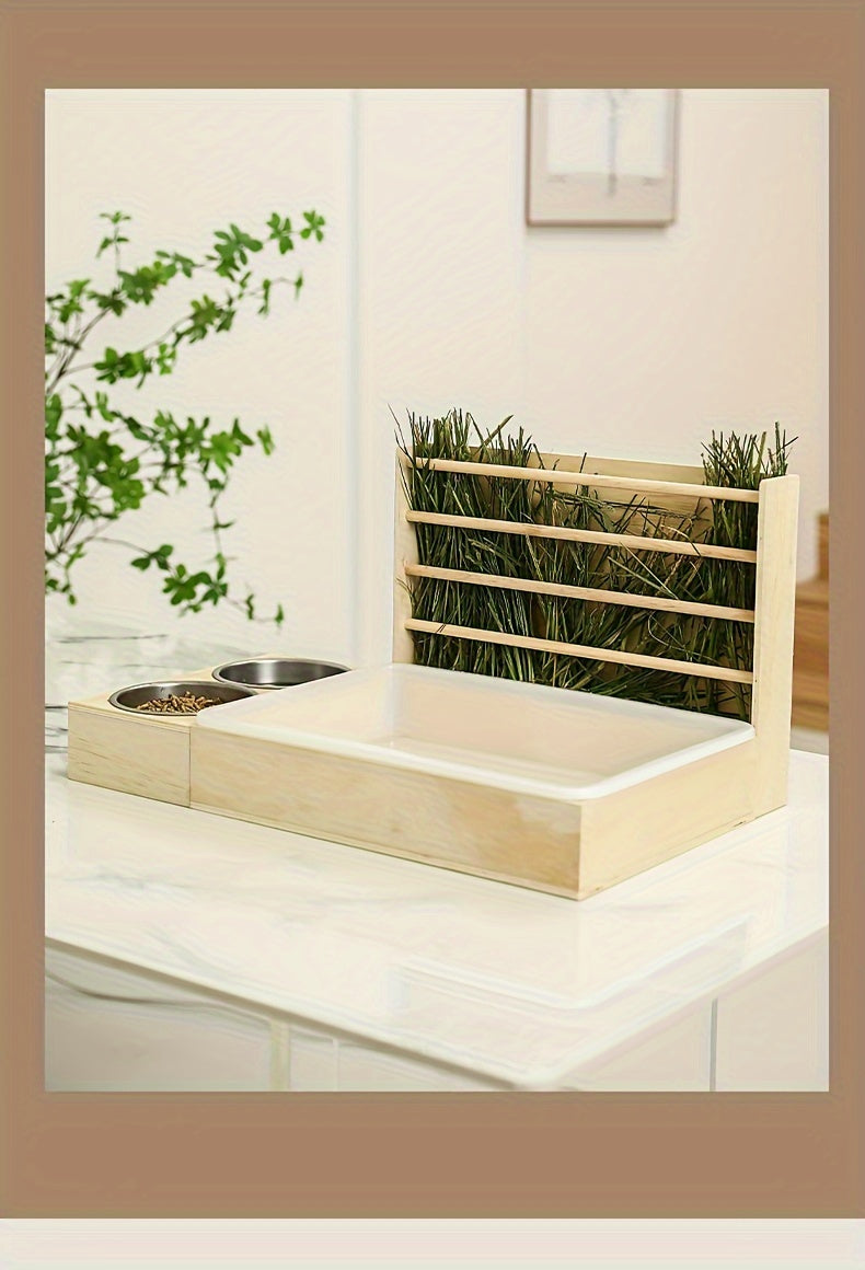 Small Pet Feeding Station with Hay Rack, Cat Litter Box & Dual Bowls - Ideal for Rabbits and Guinea Pigs