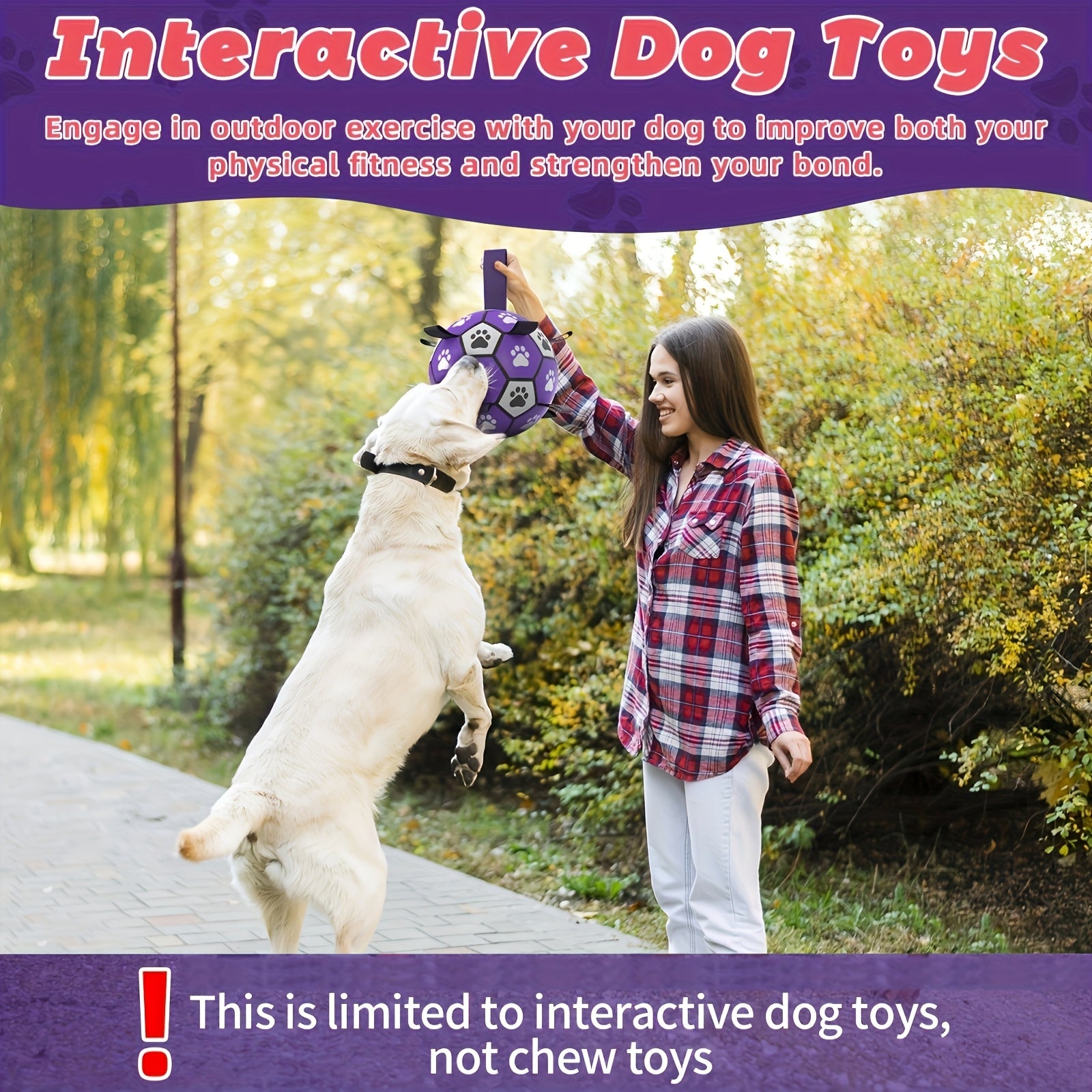 Durable Rubber Dog Soccer Ball with Straps - Interactive Chew-Resistant Pet Toy for All Breed Sizes, Purple & Black with Paw Print Design, Indoor/Outdoor Play & Training, Dog Ball Toy, Large Surface Area