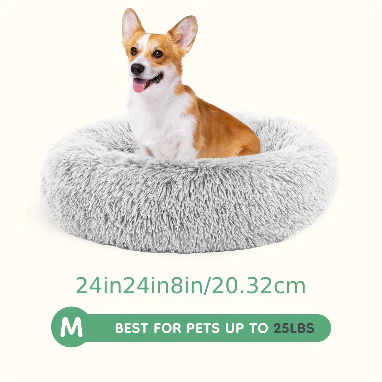 Fluffy Plush Calming Pet Bed For Dogs And Cats - Washable Anti-Slip Round Bed For Pets - Grey Color
