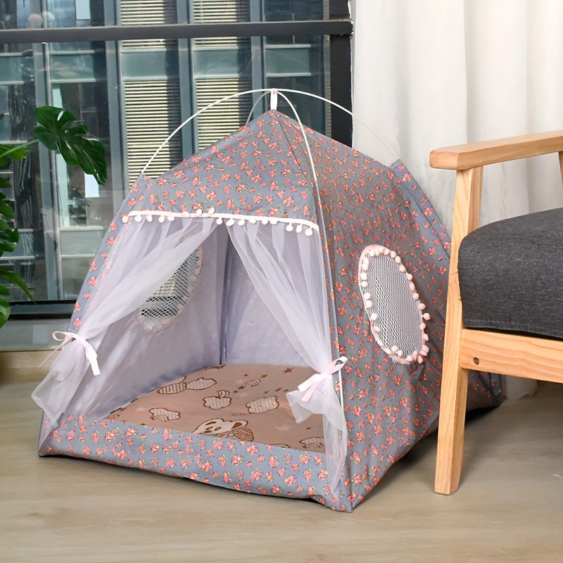 1pc Semi-enclosed Pet Floral Tent, Cute Cooling Pet Bed, Comfortable All Seasons Universal Cat Nest