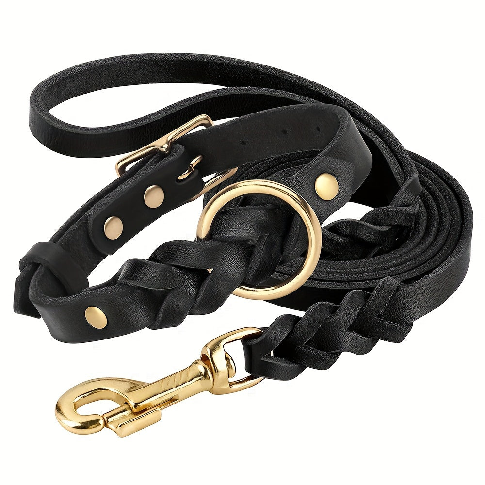For Medium and Large Dogs, Durable Genuine Leather Pet Collar with Heavy Duty Metal Buckle, Stylish and Comfortable Dog Necklace with Leash Dog Traction Rope