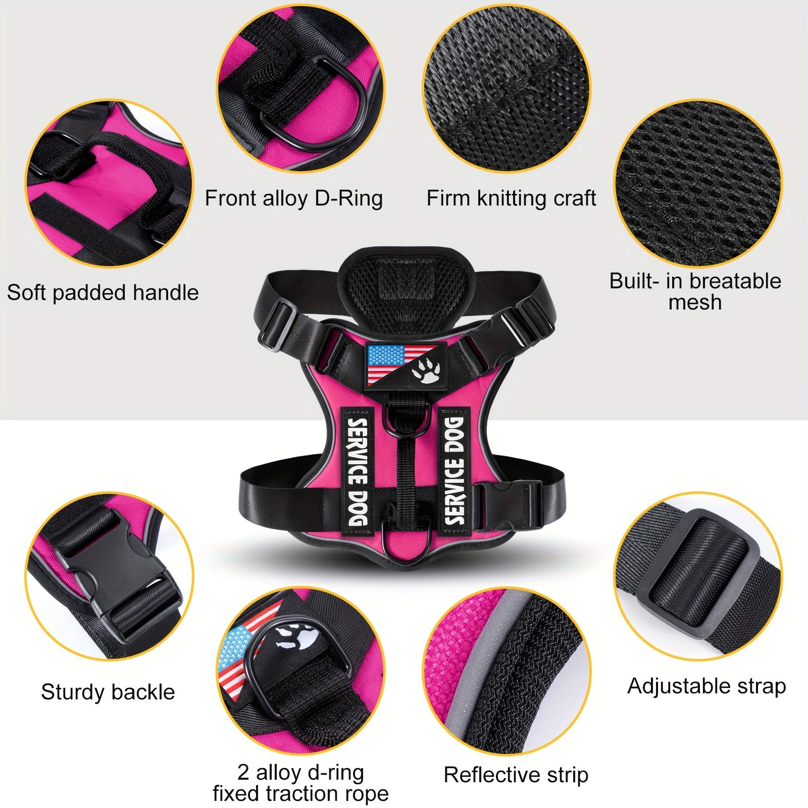 Service Dog Harness and Leash Set - Adjustable Soft Oxford Pet Harness with 1pc Folding Bowl, 5pcs Patches, Reflective Vest, Easy Control Traction Rope for Small Medium Large Dogs