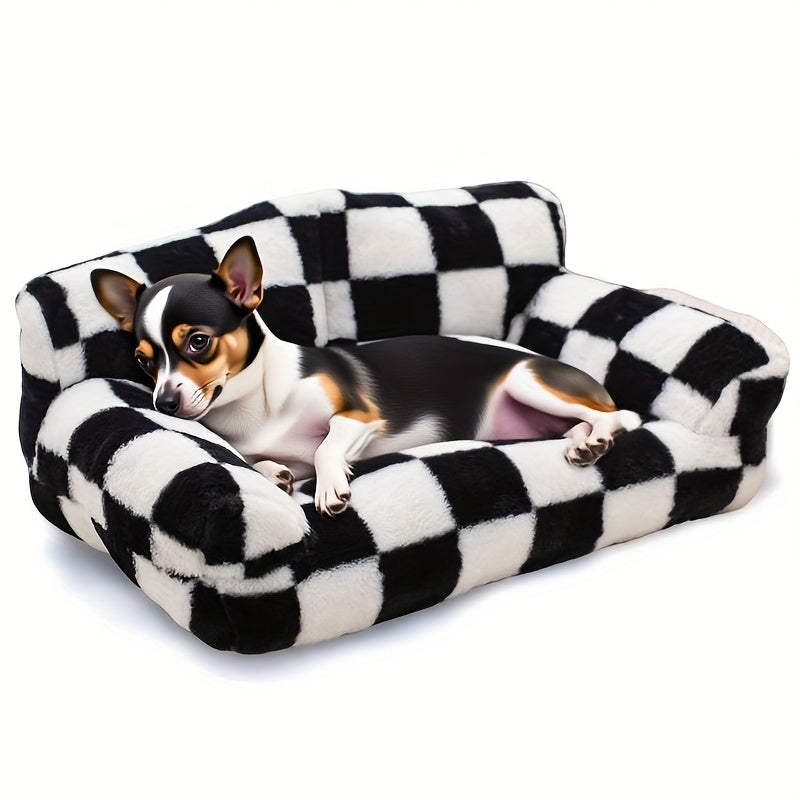 All-Season Pet Sofa Bed - Plush Polyester Cushioning, Black & White Checkerboard Pattern - Soft Warm Bed for Cats, Small Dogs, Indoor Use - Easy-Clean Pet Furniture for Living Room, Bedroom Decor, Cozy Design, Softcushioned S