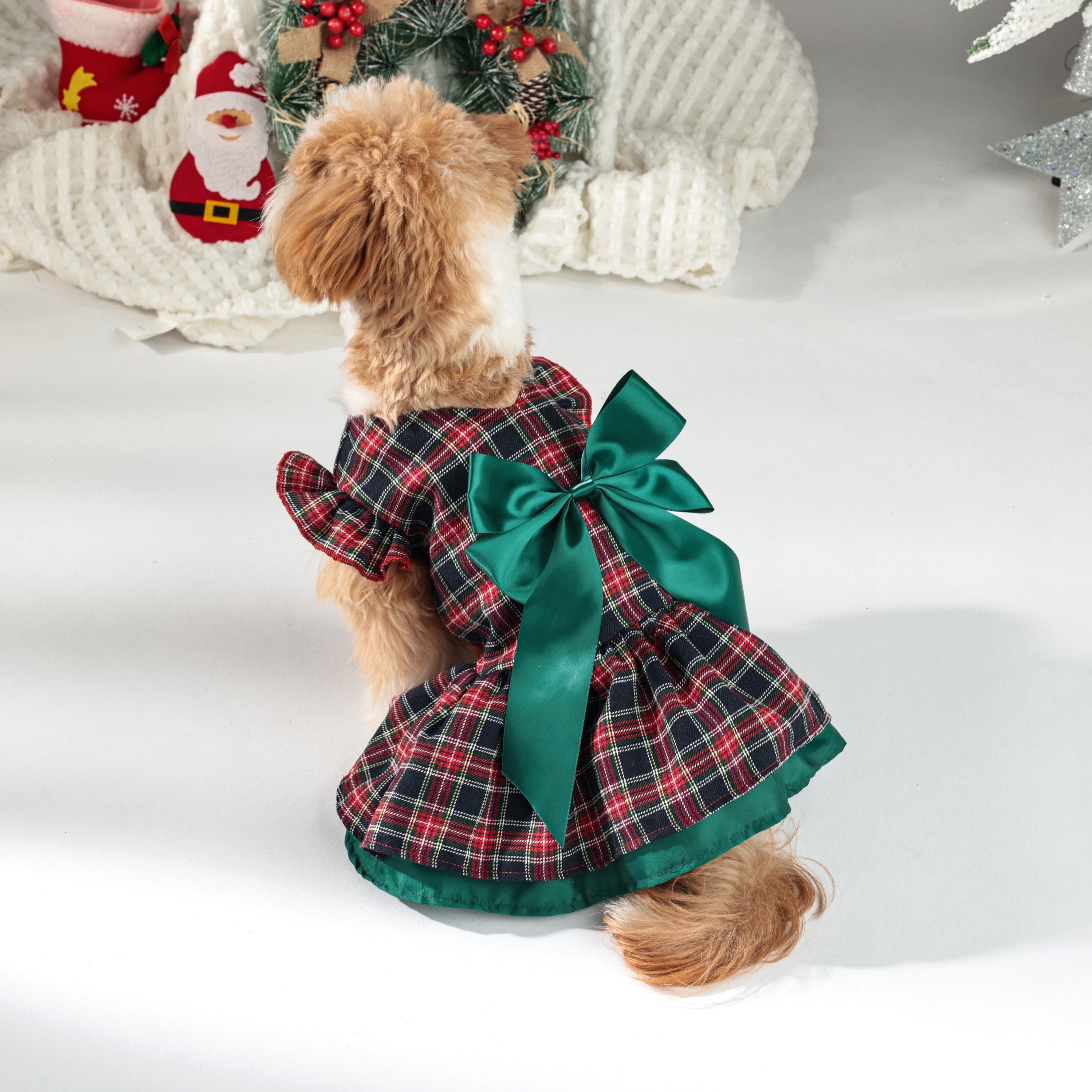 Winter & Autumn Tartan Dog Dress with Snap Buttons – 100% Polyester Woven Plaid Puppy Dress, Small Breed Christmas Party Outfit with Festive Bow Detail, Warm Pet Apparel for Seasonal Celebrations
