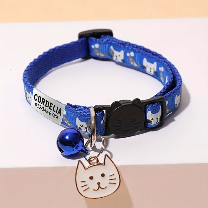 Customizable Cartoon Cat Print Pet Collar with Bell and Engraved ID Tag, Durable Polyester Adjustable Collar for Cats and Dogs, Personalized Name and Phone Number for Lost Prevention - Perfect Gift for Pets