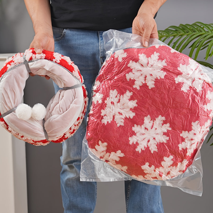 Christmas Cat Tunnel & Bed - Extra Large 37.01in Plush Warm Cozy Cat Bed with Expandable Donut, Snowflake Pattern, Holiday Theme, Anxiety Relief, Indoor Use, Red & Green, Cat Bed for Indoor Cats, Festive Pet Furniture, Playfu
