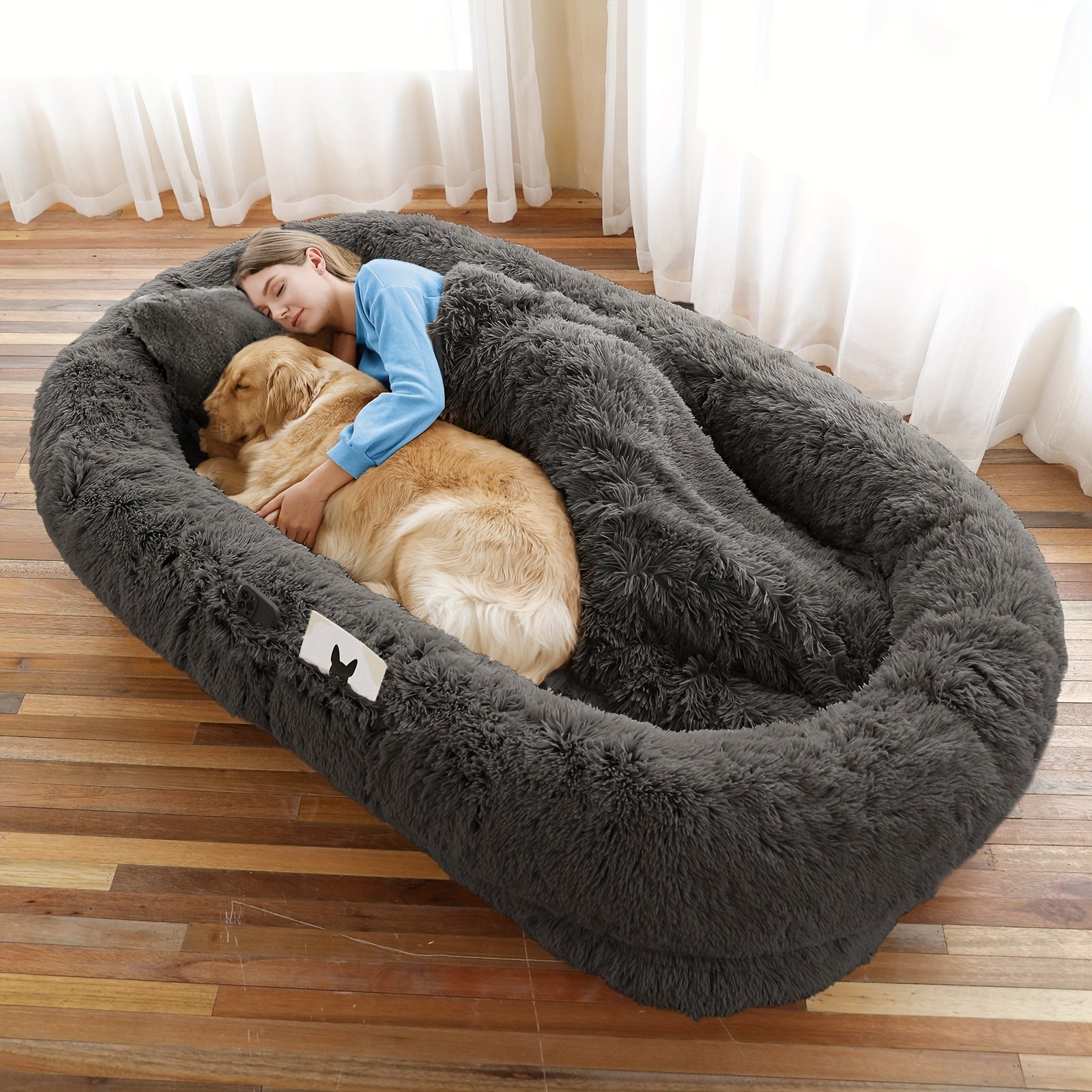 Extra Large Orthopedic Human & Dog Bed with Plush Pillow & Blanket - 71"x45"x12" Washable Faux Fur Pet Couch, Non-Slip Base, Removable Cover - Grey Bed for All Dog Breeds (Small/Medium/Large Dogs) & Cozy Napping Companion for