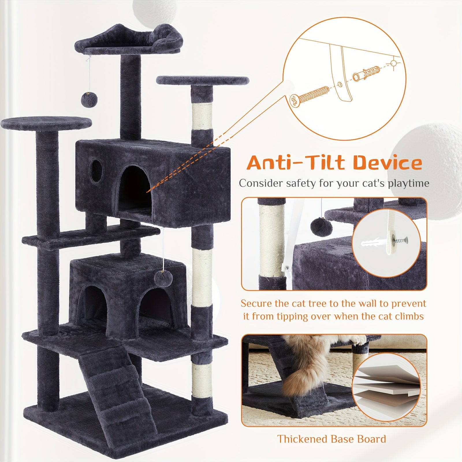 Sweetcrispy Cat Tree, Indoor Cats Tower Tree, 54in Cat Tree Tower, Multi-Level Pet Furniture With Sisal Scratching Post, Plush Fabric, Large Condo Bed, Climing Ladder, Jingle Ball Toy For Kitty, Kittens - For Cats & Kittens -