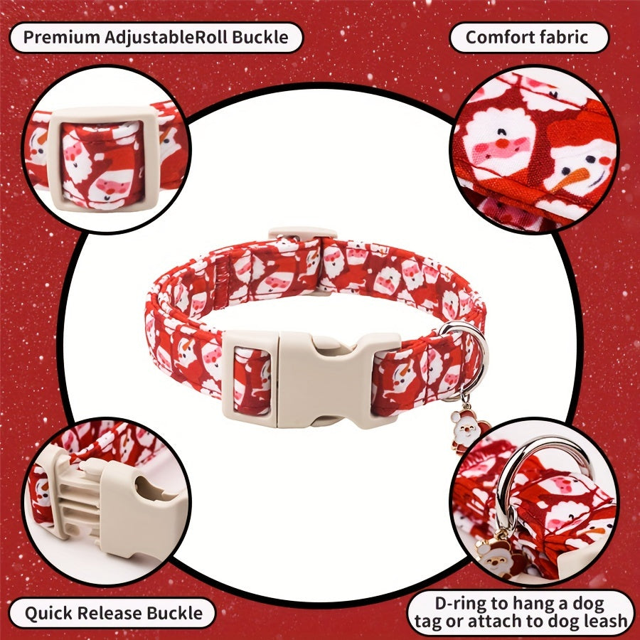 Christmas Themed Adjustable Dog Collar with Safety Quick-Release Buckle, Soft Cotton Pet Collar with Santa & Snowman Cartoon Pattern, Festive Red Neckwear for Small, Medium & Large Dogs, Suitable for Male & Female Puppies (1-