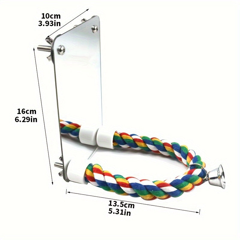 Interactive Parrot Mirror Toy with Chewable Rope Perch - Acrylic Bird Play Station for Cage