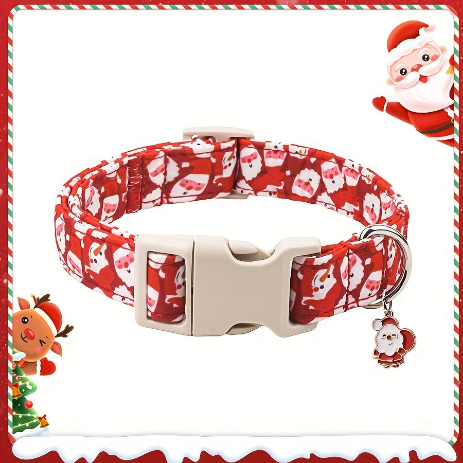 Christmas Themed Adjustable Dog Collar with Safety Quick-Release Buckle, Soft Cotton Pet Collar with Santa & Snowman Cartoon Pattern, Festive Red Neckwear for Small, Medium & Large Dogs, Suitable for Male & Female Puppies (1-