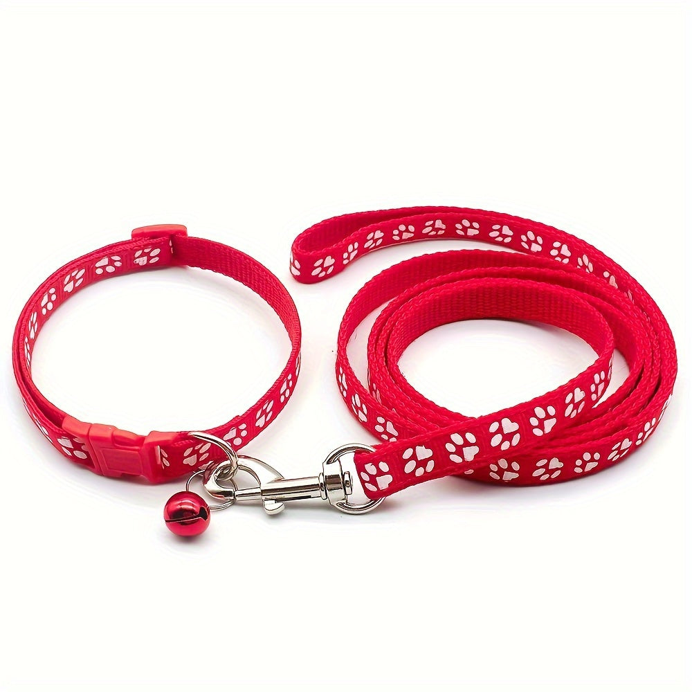 Cute Paw Pattern Nylon Dog Collar - Pet Dog Collar And Leash Set With Bell Long Dog Walking Leash