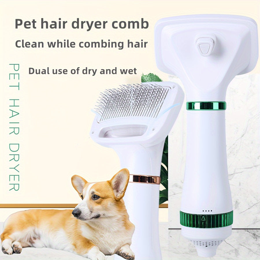 2-in-1 Portable Pet Grooming Drying Brush - Fast, Smooth, Efficiently Drying for Reduced Shedding and Tangling, Ideal for All Body Sizes of Dogs and Cats, Metal Body, Stainless Steel Bristles, US Plug, 110V/220V