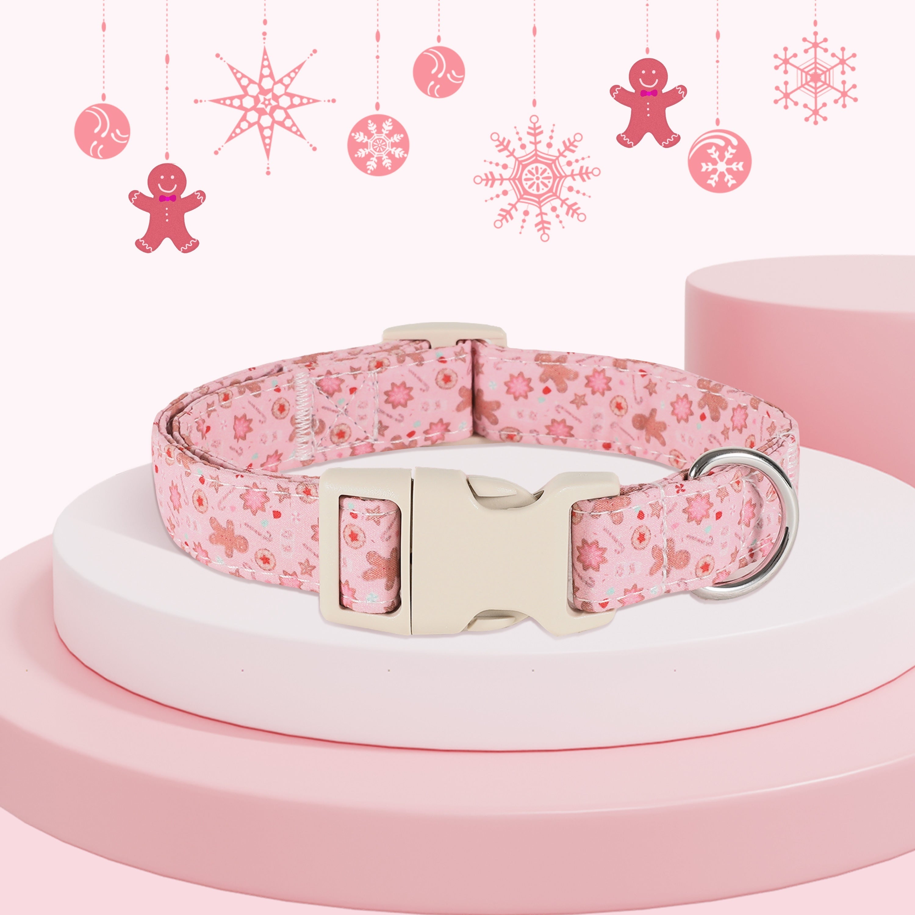1pc Festive Adjustable Cotton Dog Collar with Cartoon Gingerbread Man Design, Durable Indoor/Outdoor Pet Collar with Beige Plastic Buckle - Christmas Theme