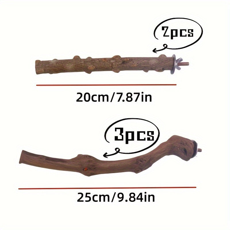 5pcs Natural Wood Bird Perch Set, Durable Grape Wood and Cassia Bark for Parakeets, Sun Conures, Lovebirds, and Small to Medium Species, Bite-Resistant Bird Cage Accessories