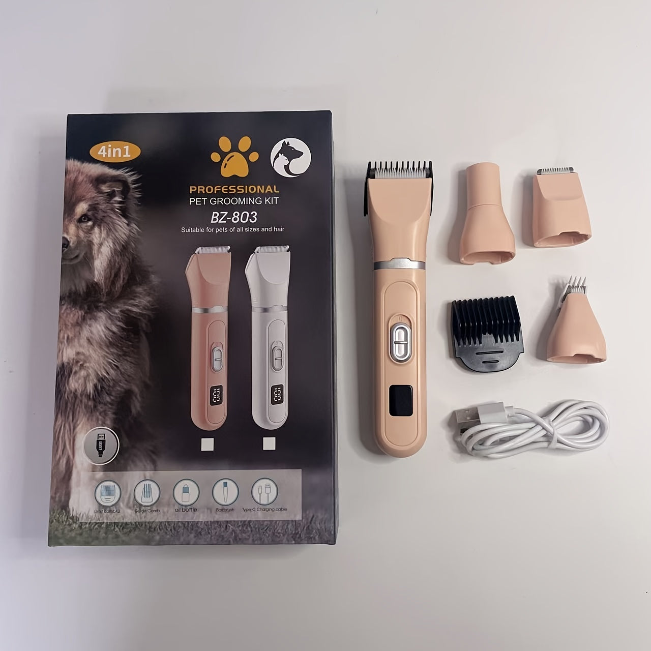 Rechargeable Pet Grooming Clipper Kit, Electric Dog Hair Trimmer with Multiple Attachments and Cleaning Brush