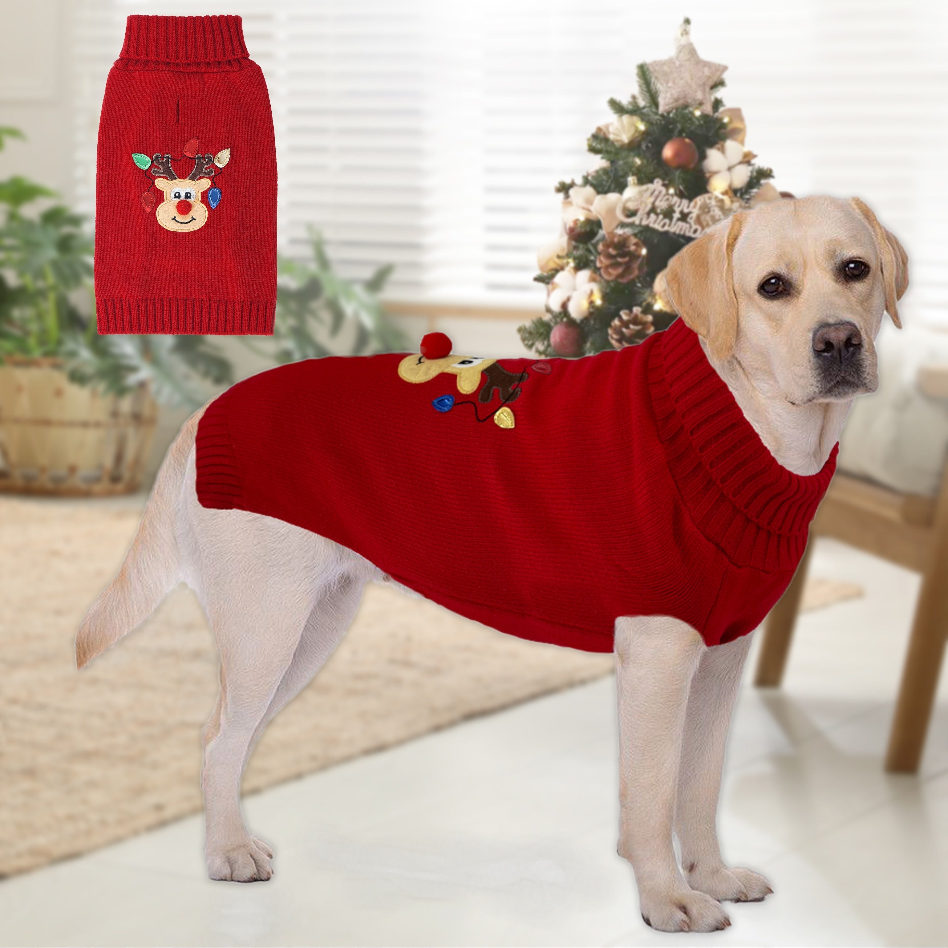 Red Doggie Sweater, Christmas Reindeer Graphic Puppy Dog Clothes for Stocking Stuffers, Pet Apparel