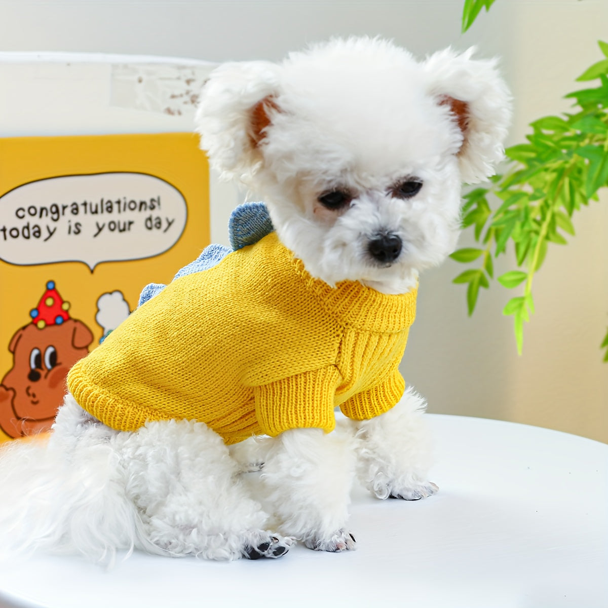Small Breed Dinosaur Costume Dog Sweater - Yellow Acrylic Knit Pullover for Teddy, Pomeranian, Bichon, Poodle - Warm Autumn and Winter Pet Apparel