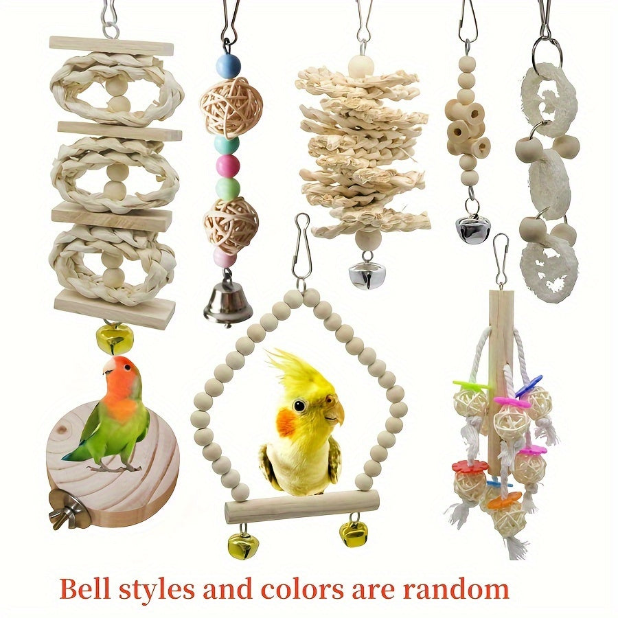 8pcs Bird Toy Set with Swing, Perch, Bell & Chew Toys - Wooden Parrot Play and Exercise Accessories for Small to Medium Cages