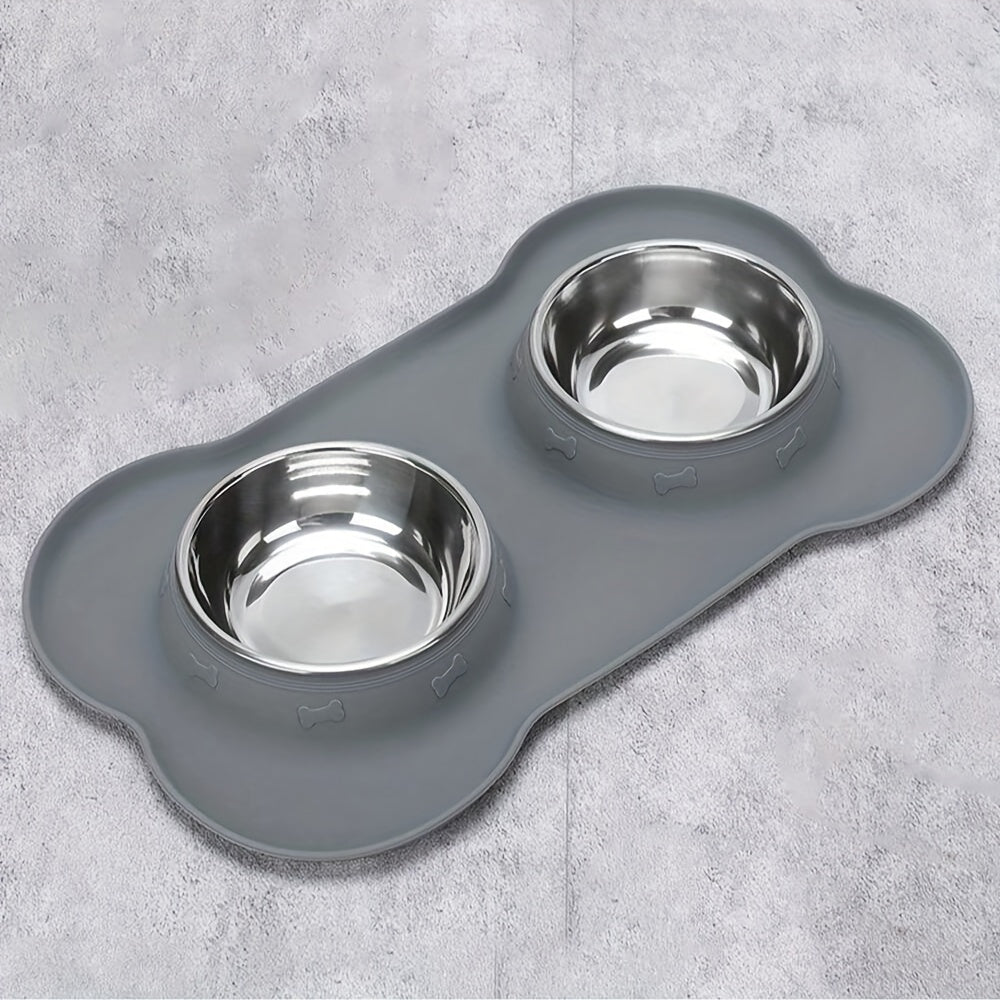 [2-in-1 Feeding Watering Station] 2-in-1 Dog Feeding & Watering Station, Thermoplastic Rubber Pet Bowl Mat with Stainless Steel Dual Bowls, Anti-Spill Pet Feeder, Includes Bowl Holder, Ideal for All Dog Breeds
