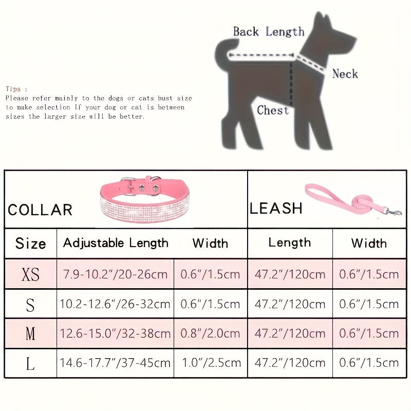 [Adjustable Bling Dog Collar Set] Bling Collar for Dogs, Durable Polyester Adjustable Pet Collar with Rhinestones and Matching Leash Set, Soft-Lined Neck Strap for Small to Large Dogs