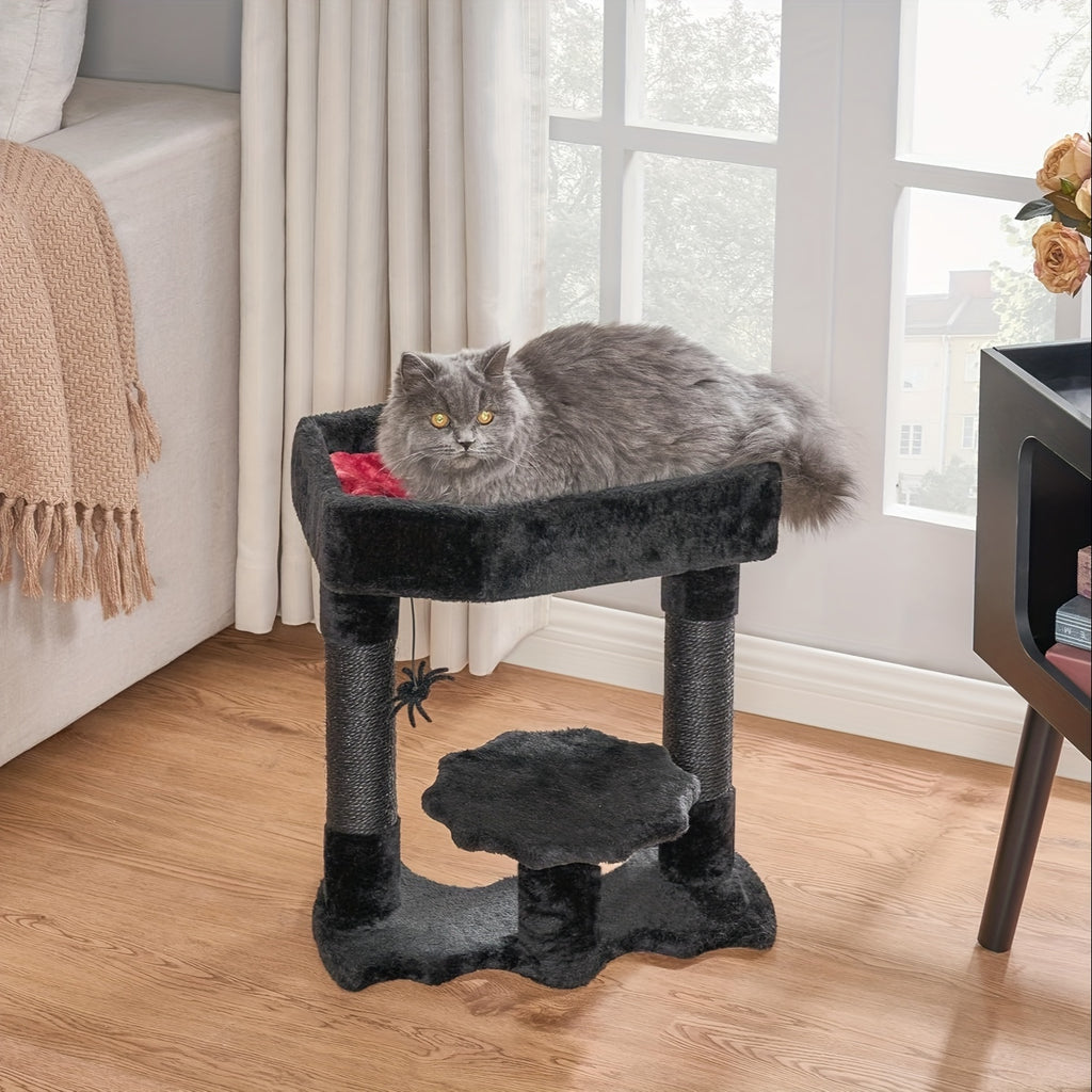 BEWISHOME Gothic Cat Tower With Coffin Bed, Multi-Level Goth Cat Tree Cat Condo With Cat Scratching Post, Spider Hanging Ball Black Red Halloween Kitten Pet Furniture