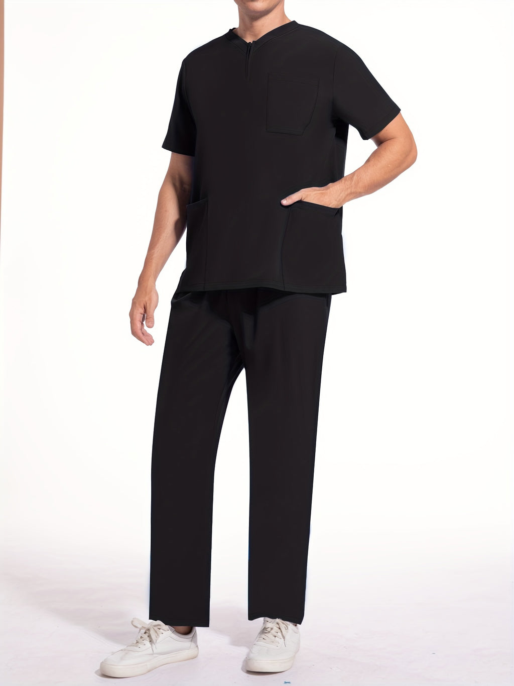 Men's Short Sleeve Summer Work Wear Set, Lab Coat, Pet Grooming Uniform, Breathable V-neck Top With Pockets And Long Pants Outfit