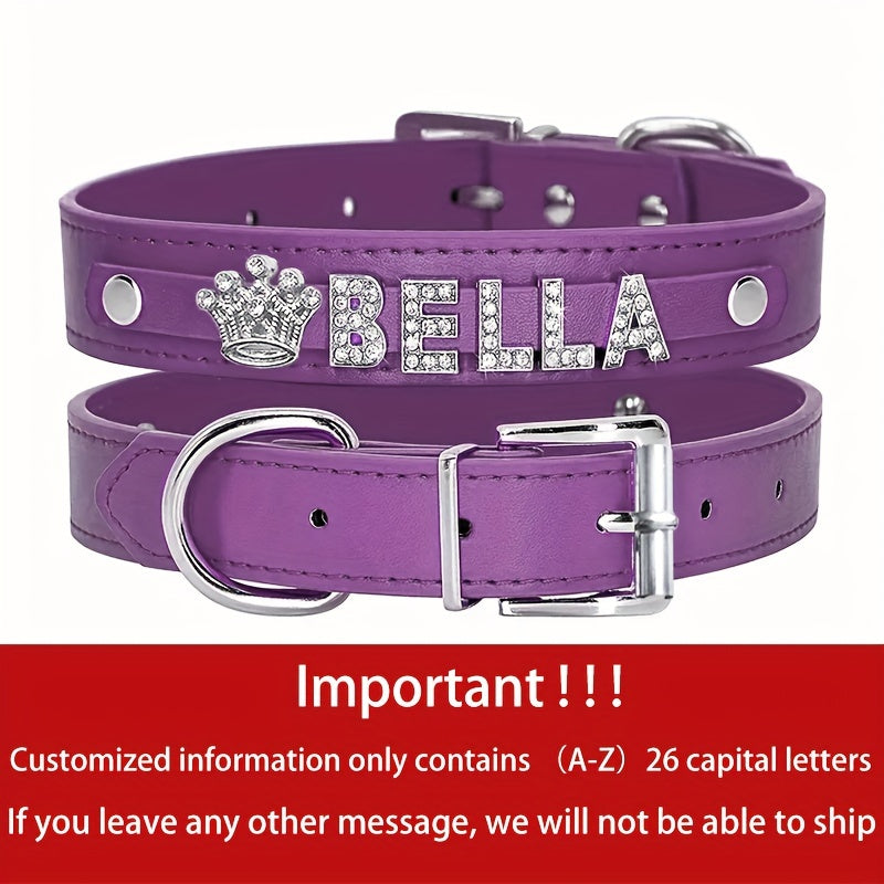 Personalized PU Leather Dog & Cat Collar with Sparkling Rhinestone ID Tag - Custom Name "Bella" or "Jamie" & Heart/Paw Print Design, Adjustable Fit for Small to Large Pets, Perfect Gift for Your Furry Friend