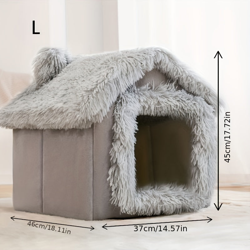 [For Cats & Dogs Plush Bed] Comfortable Plush Pet Bed For Cats And Dogs, Removable Non-slip Bottom Cat House, Four-season Use, Semi-enclosed Pet Sleeping Bed