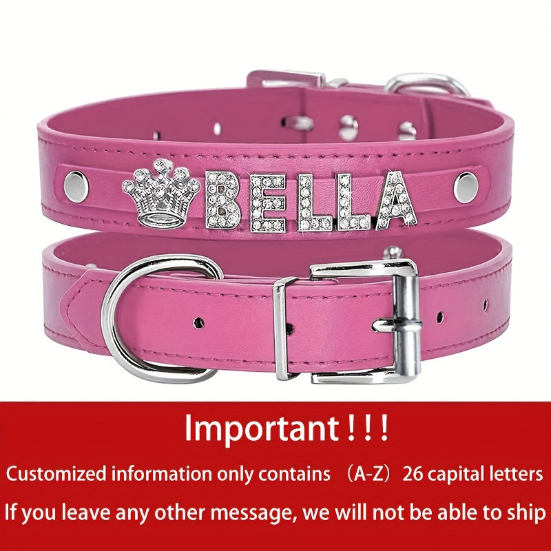 Personalized PU Leather Dog & Cat Collar with Sparkling Rhinestone ID Tag - Custom Name "Bella" or "Jamie" & Heart/Paw Print Design, Adjustable Fit for Small to Large Pets, Perfect Gift for Your Furry Friend