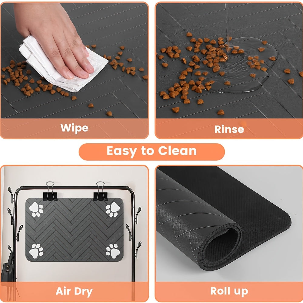 [1pc Fast-Drying Pet Feeding Mat] 1pc Fast-Drying Diatomaceous Earth Pet Feeding Mat | Splash-Proof, Absorbent, Easy to Clean for Dogs and Cats, Herringbone Pattern with Paw Print Design, Black, Washable