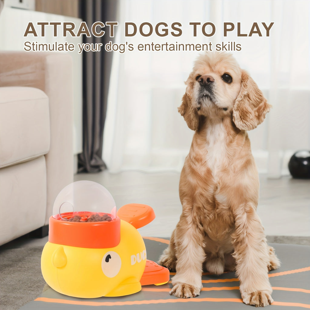 Durable Plastic Yellow Duck Interactive Dog Toy & Automatic Feeder - No Batteries Needed, Push & Pull Pet Feeder with Treat Dispenser for Mental Stimulation & Healthy Eating - Suitable for Small, Medium & Large Dogs, Pet Feed