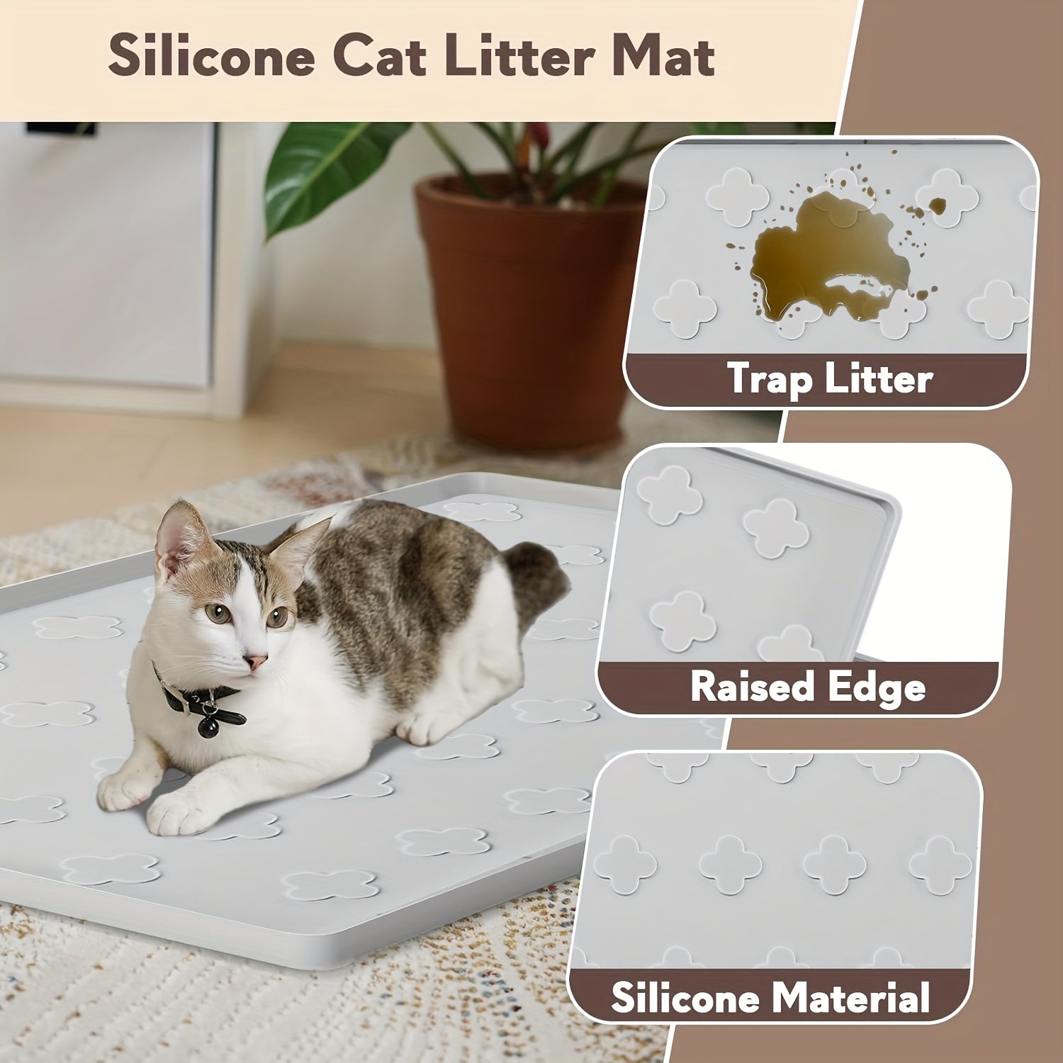 3-in-1 Washable Silicone Cat Litter & Food Mat - XXL Large Waterproof Non-Slip Floor Protector, Raised Edges Pet Feeding Tray, Foldable Litter Trapping Mat for Cats, Easy Clean Kibble & Crumbs Proofing System (Fits Litter Box