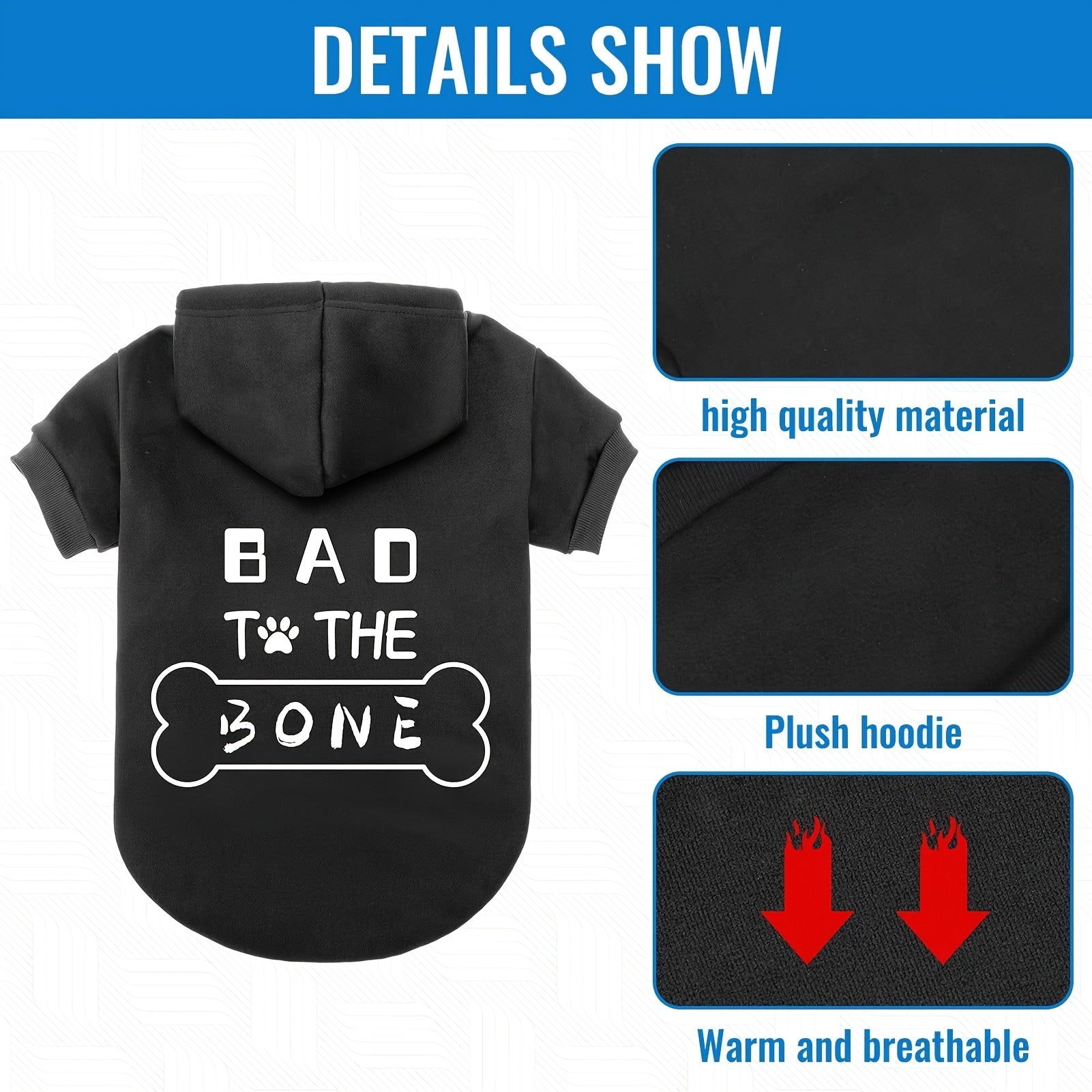 BINGPET Dog Hoodies - "Bad to the Bone" Print Soft & Warm Puppy Sweatshirt with Harness Hole, Cold Protective Winter Coats for Small, Medium & Large Dogs - Stylish & Comfortable Hooded Pet Apparel for Indoor & Outdoor Activit