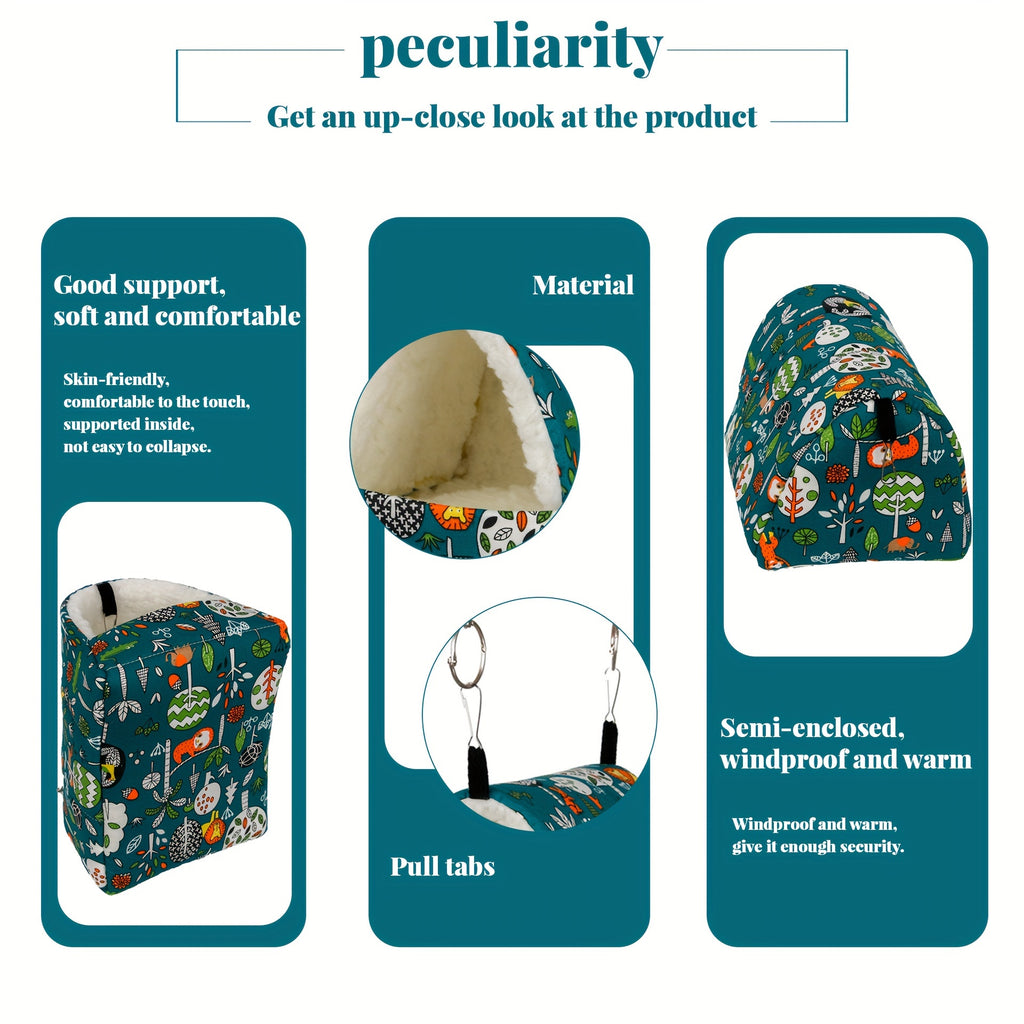 1pc Cartoon Printed Warm Fleece Bird Nest, Warm Triangular Sleeping Bird Hammock, Hanging Bedding Toy Bird Hideout