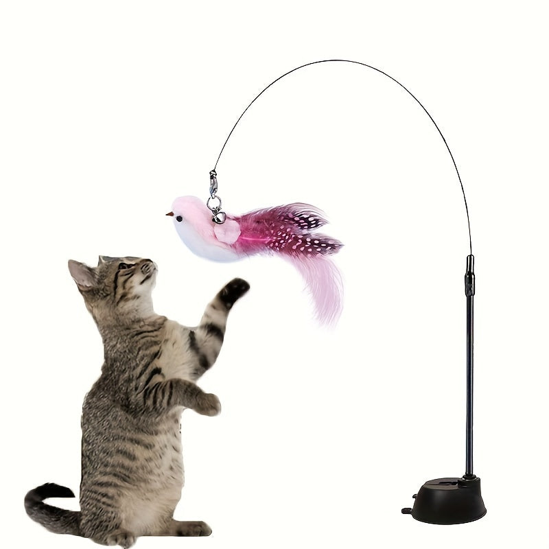 Colorful Feather Bird Cat Teaser Stick - Long Steel Wire Pole with Glue Suction Cup - Cute and Vivid Simulation Pet Toy for Self-Entertainment and Bite-Resistant Cat Supplies