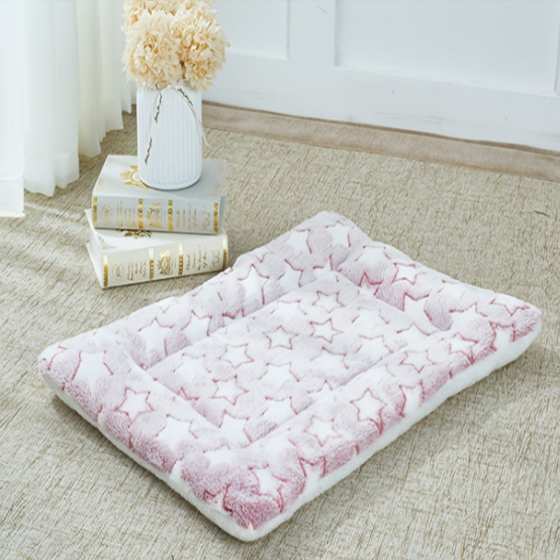 Cozy Plush Dog Mat - Thick, Warm Pet Bed with Geometric Star Pattern, Gray & White, Four Seasons, Polyester Fiber Filling, Ideal for Small to Large Breeds, Dog Sleeping Mat