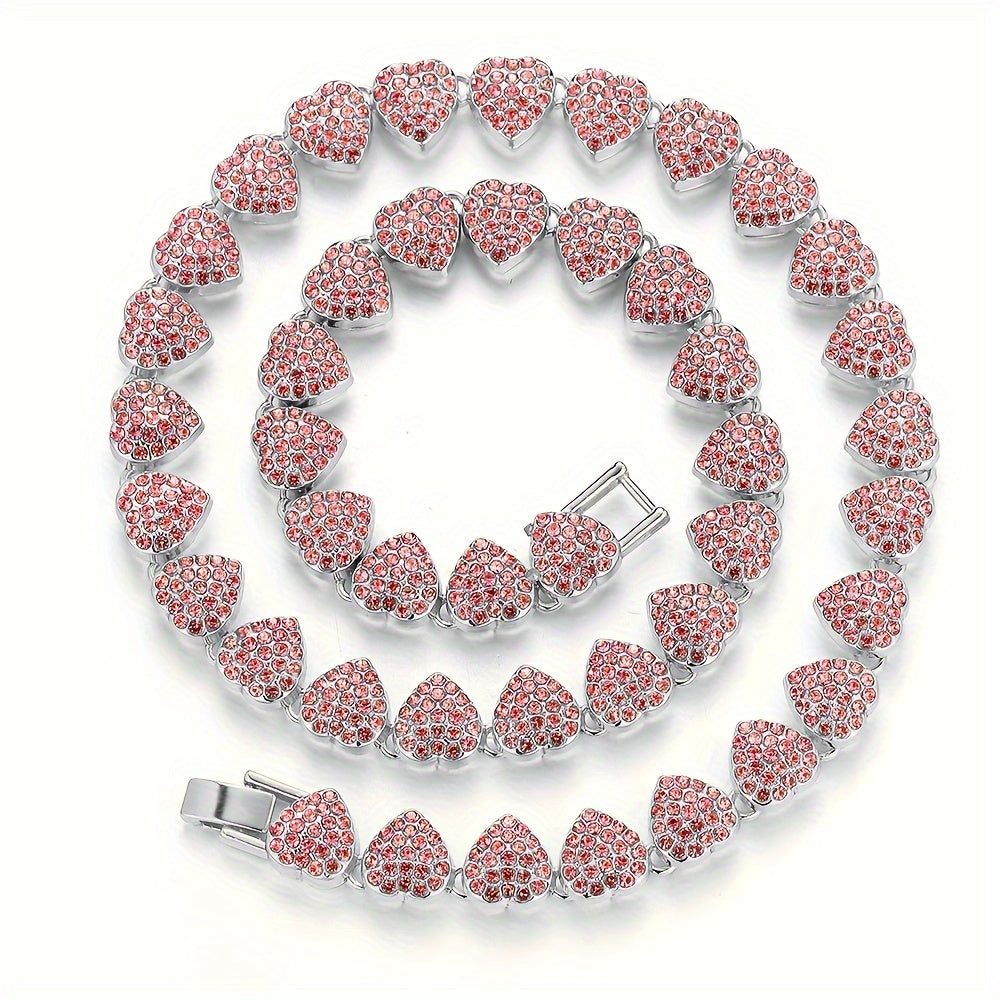 [Adjustable Heart Pet Collar Sparkling] Sparkling Rhinestone Heart Pet Collar with Safety Buckle - Zinc Alloy, Adjustable for Small to Large Dogs, Pet Necklace, Cuban Chain