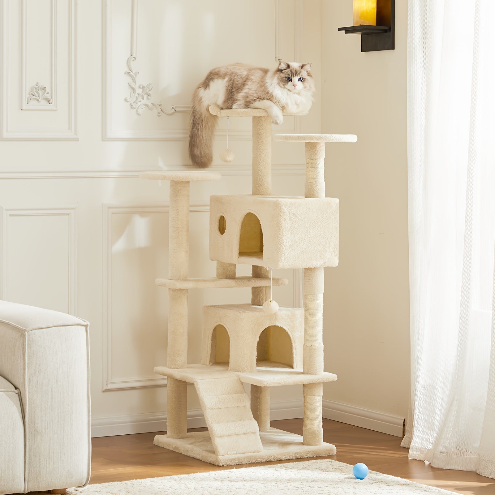 Cat Tree Tower For Indoor Cats, 54in Tall Multi-Level Pet Furniture, Stable Kitty Play House With Sisal Scratching Post, Large Condo, Climbing Ladder, Plush Toy For Kitten
