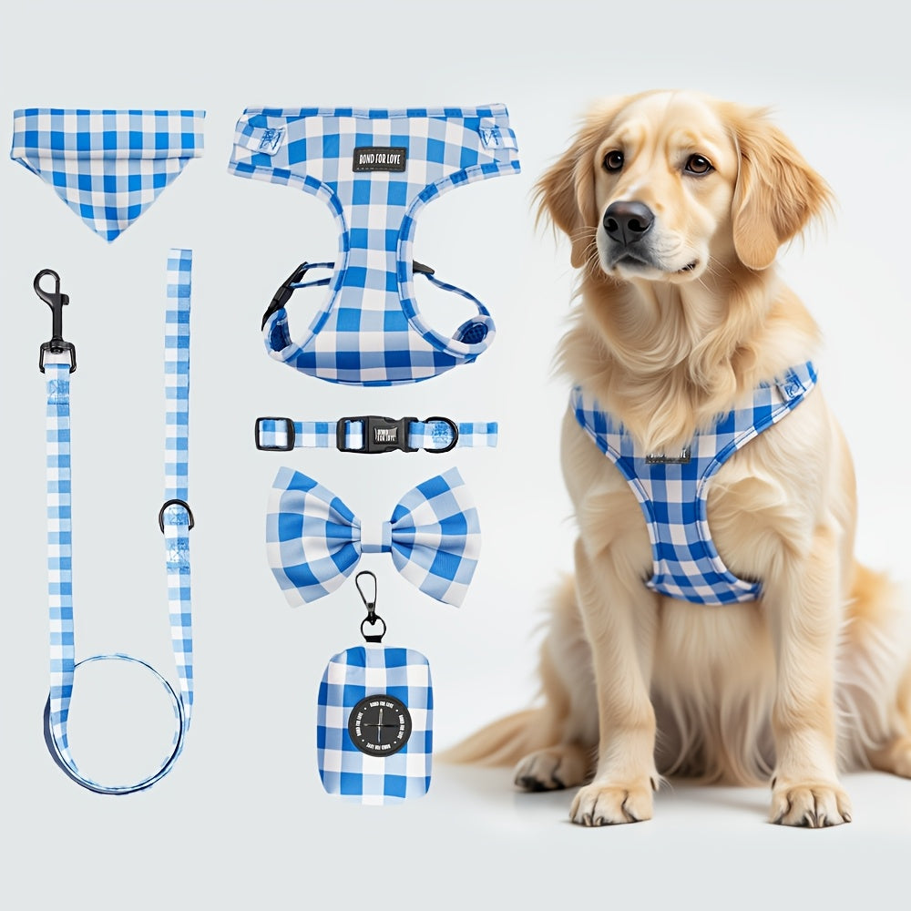 6pcs Plaid Dog Walking Set, Adjustable Pet Harness, 4 Ft Leash, Bowtie, Flag, Waste Bag Dispenser, Polyester Fiber, for Small to Large Dogs, Without Battery