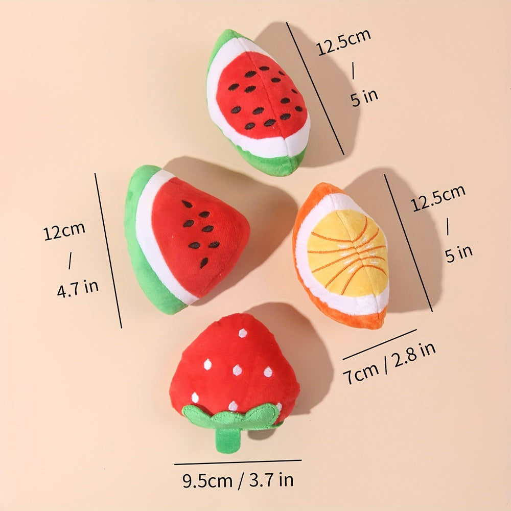 4pcs Fruit & Veggie Plush Squeaky Dog Toys - Strawberry, Lollipop, Star, Donut Designs - Soft Fabric Chew & Teething Toys for Small Breeds - Interactive Playtime Companions for Cats & Dogs, Pet Toys