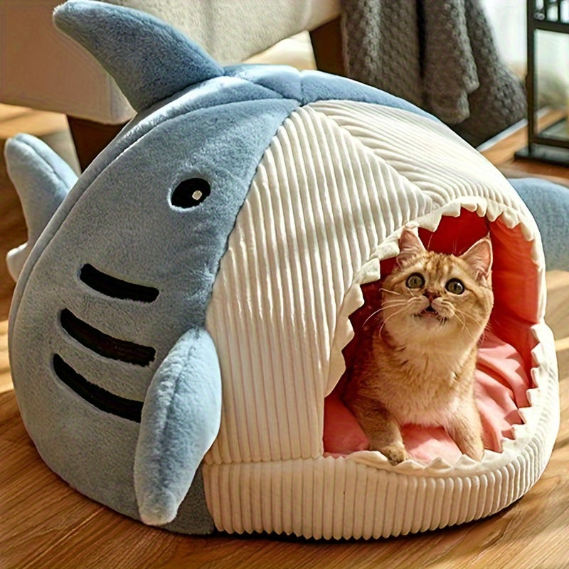 [Cozy Shark Pet Bed] Cozy Shark-Shaped Snug Haven Pet Bed - Removable Cushion, Semi-Enclosed Warm Winter Nest for Small to Large Dogs and Cats