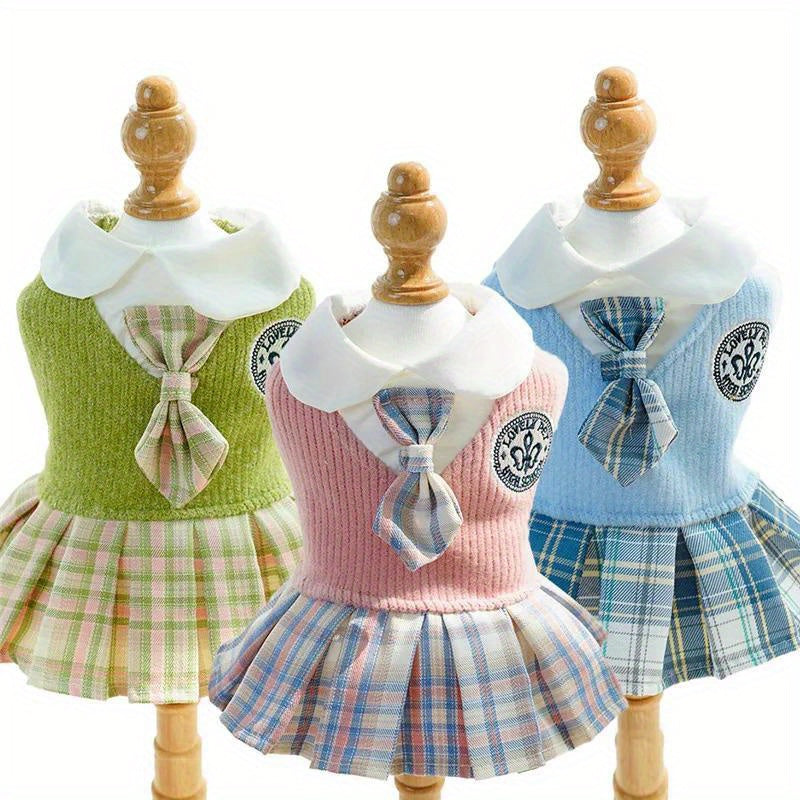 Small Breeds Polyester All-Season Dog Dress, Chic College Style Pet Apparel with Plaid Skirt and Collar, Pullover Design, Ideal for Spring, Cat & Chihuahua, Available in Pink, Blue, Green